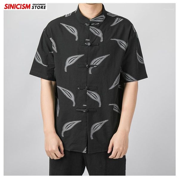 

men's casual shirts sinicism store 2021 men's jacquard stand spring men short sleeve chinese style shirt male fashion cotton linen, White;black