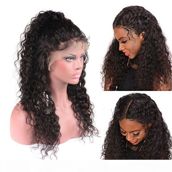 

wholesale glueless brazilian virgin hair wigs water wave lace front human hair wigs pre plucked 150% density 13*4 ear to ear lace wigs, Black;brown