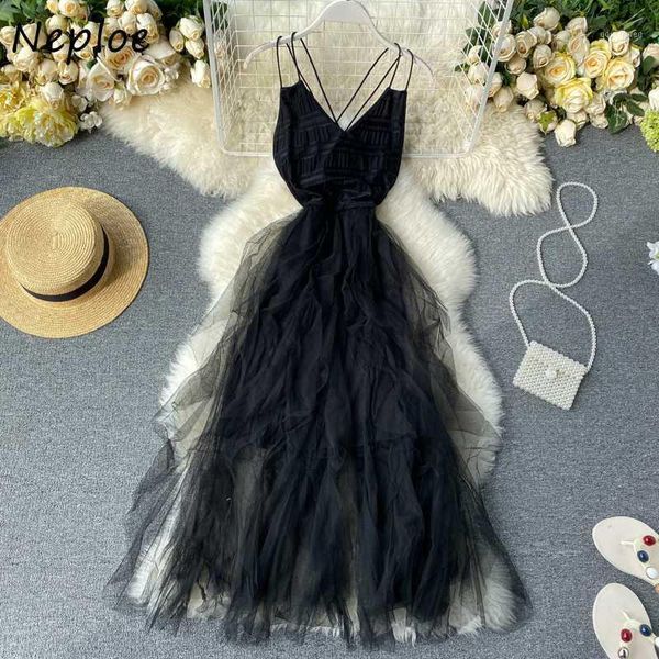 

casual dresses neploe mesh dress women fashion v neck sleeveless backless ladies vestidos summer 2021 elegant slim waist female 1e6151, Black;gray