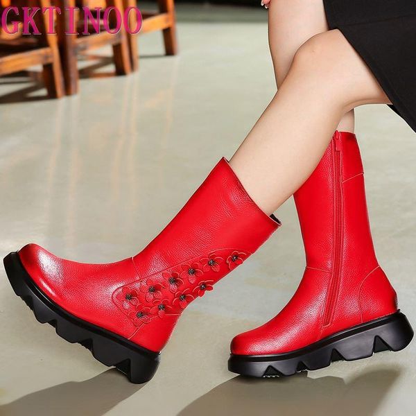

gktinoo new fashion genuine leather women's boots mid-calf winter warm shoes casual women wedges shoes woman motorcycle boots, Black