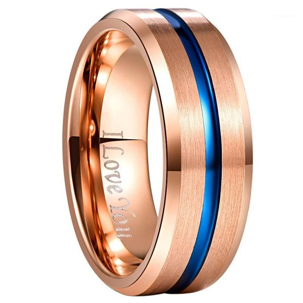 Eheringe 8 mm Breite Wolframcarbid-Ring voller Roségold Farbe Blau Groove Winkelband Stahl Herren1