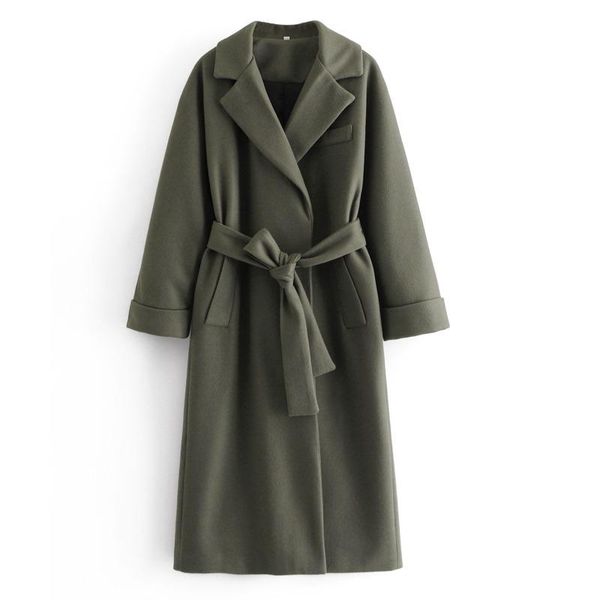 

autumn 2021 woman woolen coats turn down collar long sleeve midi long solid color elegant fashion female coat with belts, Black