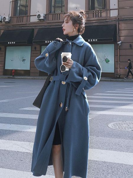 

2021 autumn winter korean new wool blend women's long coats warm woolen jacket loose turn-down collar female's outerwear n551, Black