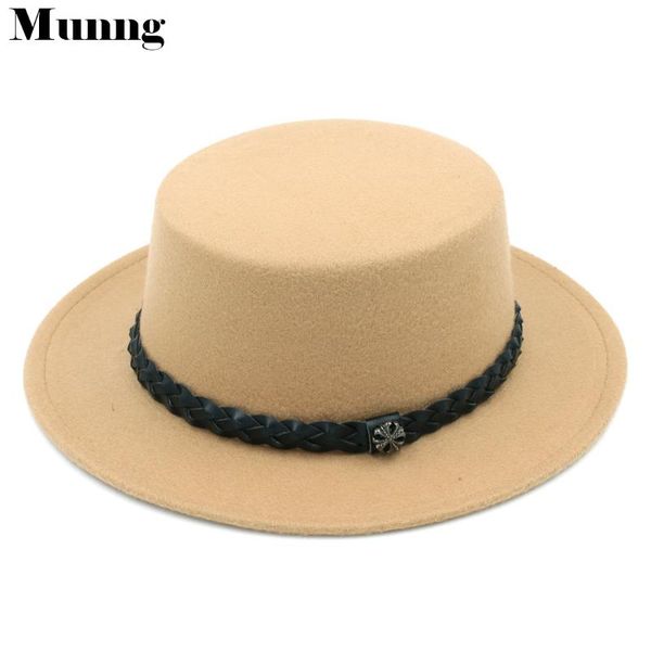 

stingy brim hats munng women men wool blend boater hat flat cap wide braided leather cord band size 56-58cm, Blue;gray