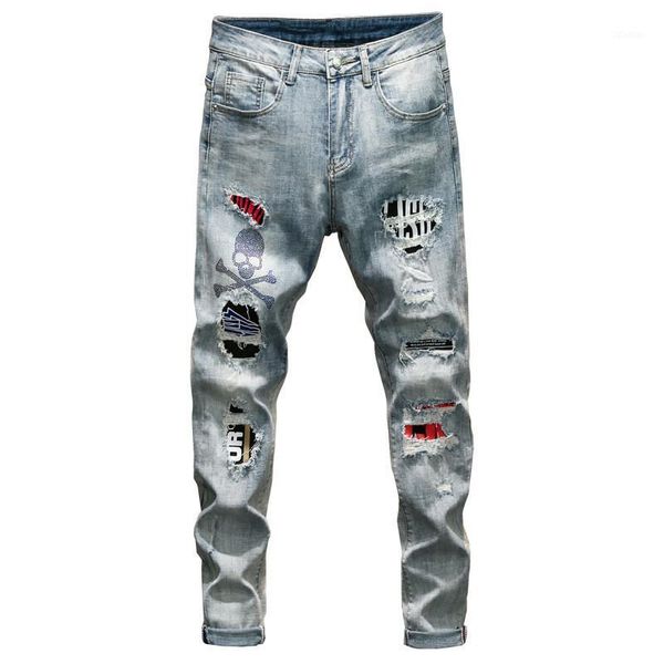 

men's jeans moruancle mens hi street destroyed pants with patchwork fashion streetwear ripped denim trousers holes washed blue1, Blue