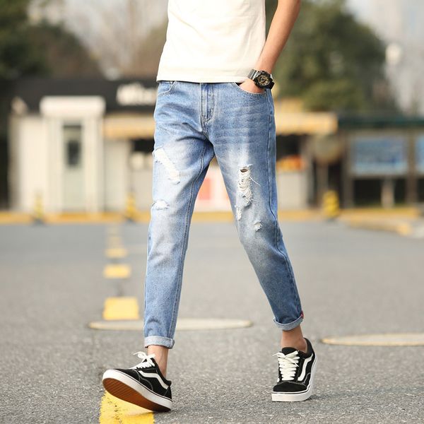 

brand new hole jeans spring slim small foot casual beggars quarter pants men's korean fashion, Blue