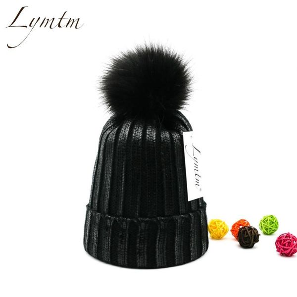 

beanie/skull caps [lymtm] 2021 autumn bright black knit cotton beanies women faux fur pompoms skullies winter thick warm high quanlity hats, Blue;gray