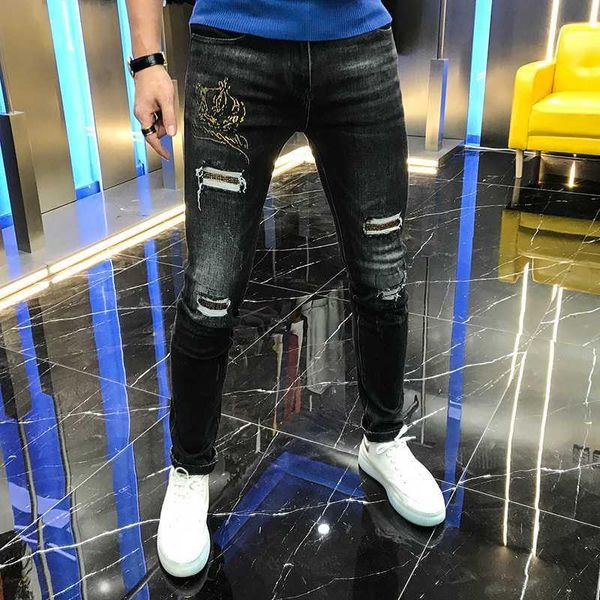 

autumn 2020 new style young men's fashion fashion hole drill simple casual versatile jeans elastic slim trend men1, Blue