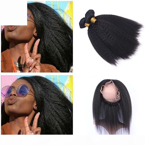 

afro kinky straight 360 lace frontal with bundles indian virgin human hair italian coarse yaki with ear to ear lace band frontal closure, Black;brown