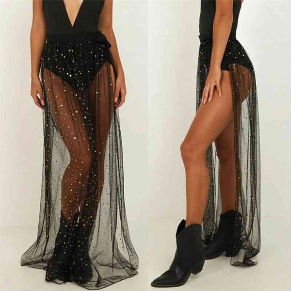 

women swimwear cover up shiny sequins beach long wrap transparent mesh maxi wrap skirt sarong pareo maxi dress, White;black