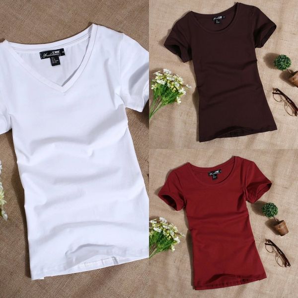 

fnyoa 2019 women's tsummer short sleeve color solid slim simple shirt crew neck bottoming girl's t-shirt fx4jy, White