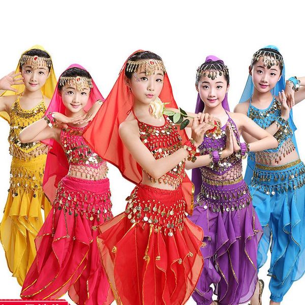 

kids belly dancing girls belly dance costumes children bollywood jewelry performance dancewear clothing set 4pcs dqs2579, Black;red