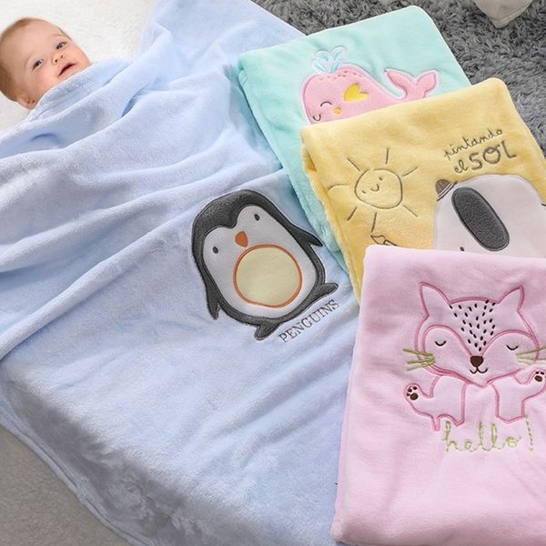 

cute flannel embroidered baby blanket newborn owl fox penguin child cover carpet stroller wrap coral velvet quilt baby bedding y201009