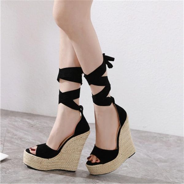 

ankle lace-up women platform sandals summer new fashion peep toe weave wedge 15cm high heels shoes black 35-42