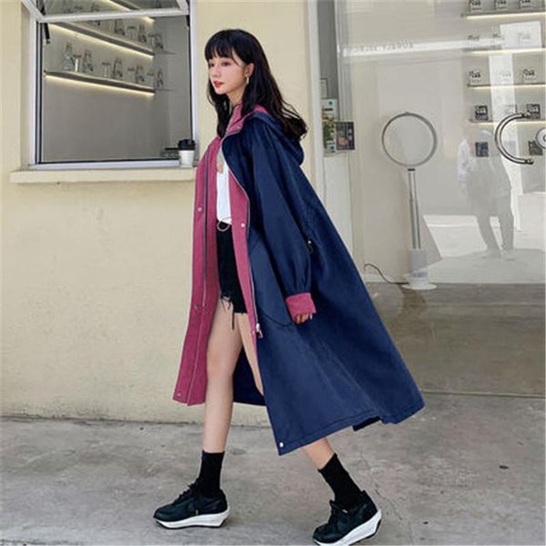 

workwear hooded windbreaker women's mid-length 2020 spring autumn new korean style loose oversize long trench coat m6271, Tan;black