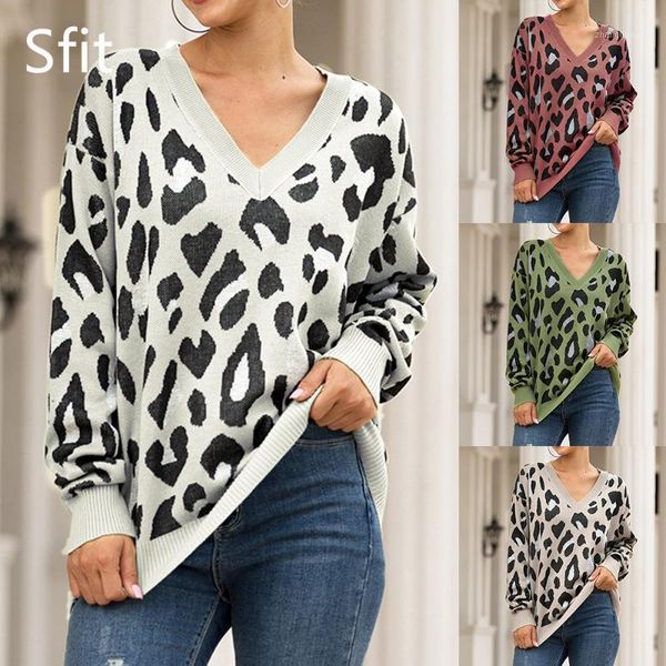 

sfit leopard sweater women v-neck pullover winter clothes knitted girls sweaters fashion women clothing 20201, Black;blue