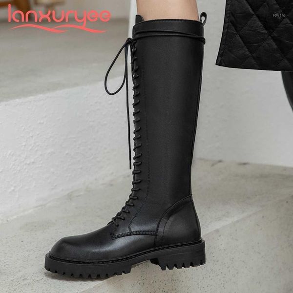 

lanxuryee 2021 motorcycle boots split leather cross-tied round toe thick med heel zipper handsome daily wear knee high boots l281, Black