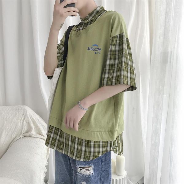 

2020 summer new youth popular splicing fake two half sleeve shirt fashion casual wild pullover white / gray / green -xl1, White;black