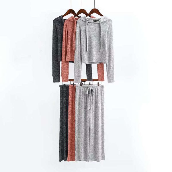 

new women's style hoodie sweater spring + drawstring lace up wide leg pants sports suit for women, Gray