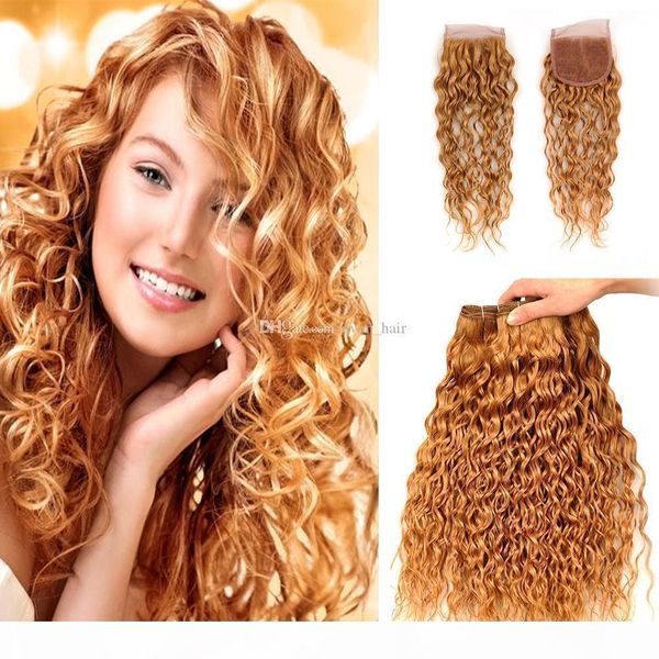 

colored 27 water wave hair 3bundles with closure 4x4 strawberry blonde 27 wet wavy hair weft extensions with closure 4x4, Black;brown