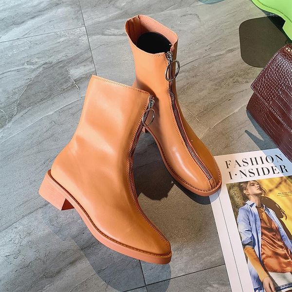 

boots ankle for women winter 2021 leather white green orange autumn zip heels ladies shoes1, Black