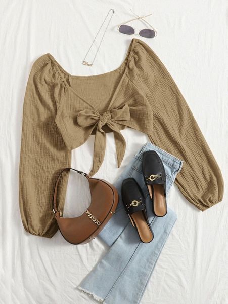 

knot front lantern sleeve crop b08n#, White