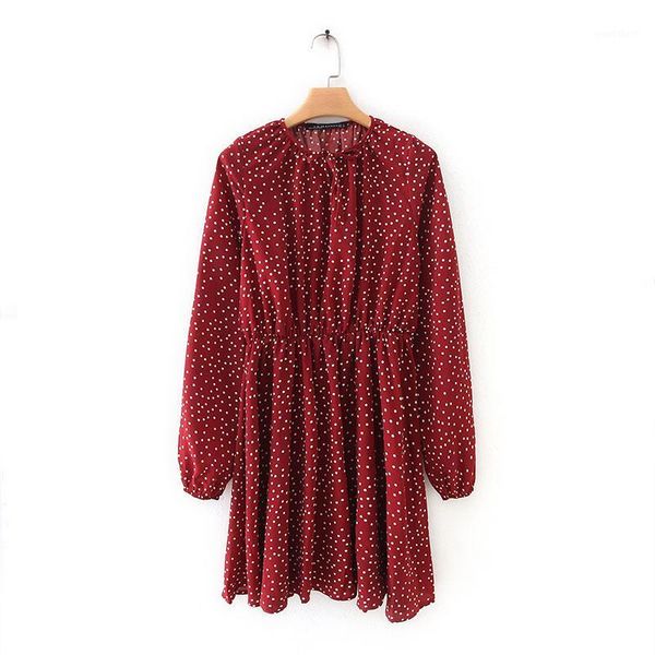 

women long sleeve dress autumn 2019 new fashion lace up collar polka dot prints modern lady above knee dress1, Black;gray