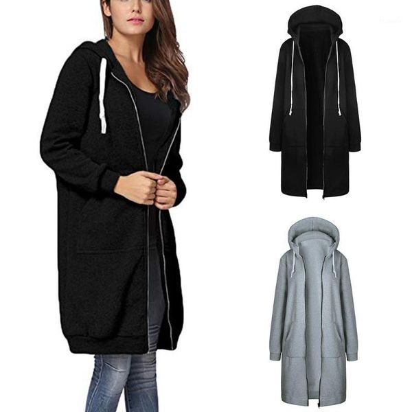 

spring cardigan women long sleeve zip up hoodies casual pockets tunic sweatshirt long hoodie outerwear w12051, Black