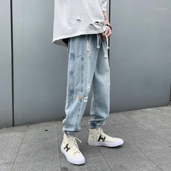 

men's jeans 2021 summer men's stretch slim fit skinny holes classic style light blue color casual pants biker denim trousers -2xl