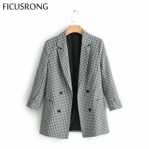 

new office ladies plaid blazer long sleeve loose black white plaid suit coat casual double button jacket women blazers1, White;black