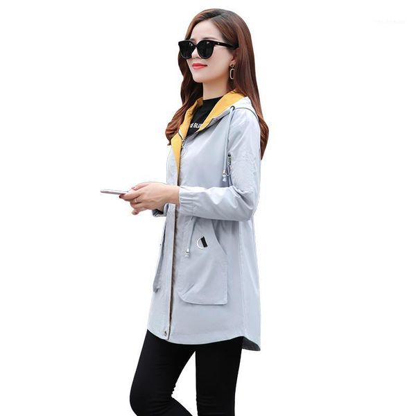 

early autumn coat women's autumn 2020 spring new wave casual fashion medium long ladies hooded windbreaker coat spring1, Tan;black