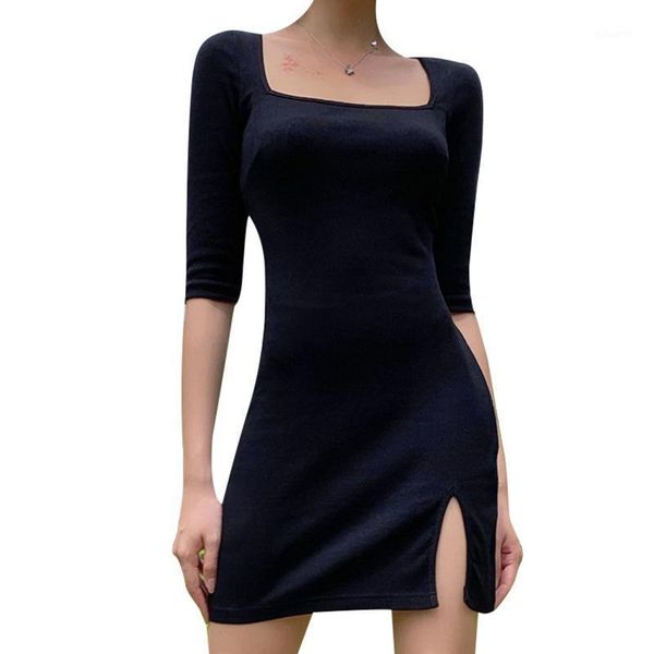 

women summer mini dress square neck half sleeve casual split fashion simple style solid black1, White;black