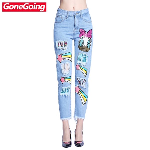 GoneGoing S-XL Neue Heiße Verkauf Frauen Hohe Taille Jeans Cartoon Pailletten Blau Kwaii Bleistift Denim Hosen 0521 201030