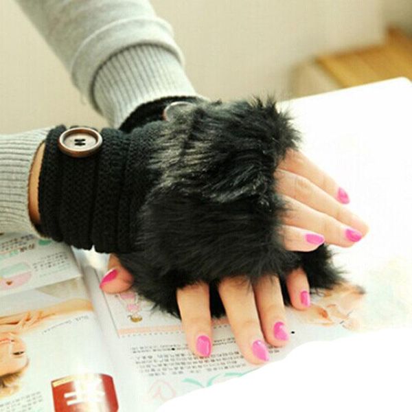 

five fingers gloves women warm winter faux fur wrist fingerless mittens arm hand warmer, Blue;gray