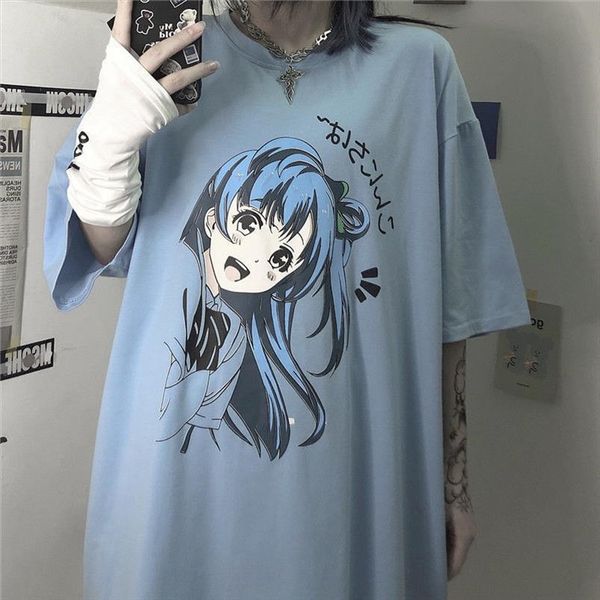 

anime kawaii cartoon blue short sleeve crop summer casual cute women t shirt tee clothes fashion punk loose size swift, White