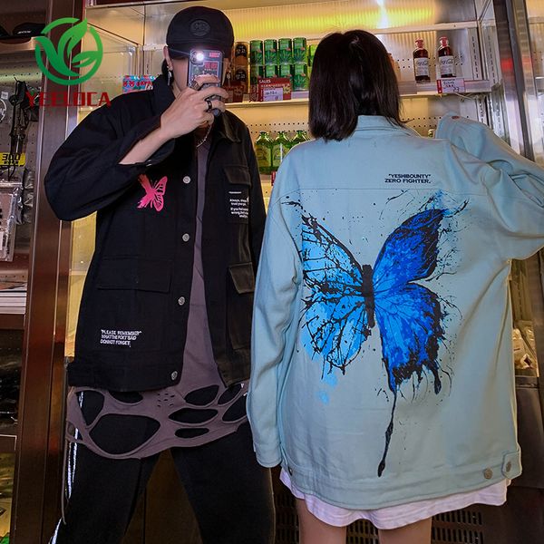 

cedy homemade national fashion brand splash-ink butterfly loose bf couple's denim jacket jacket men and women ins autumn style 201118, Black;brown