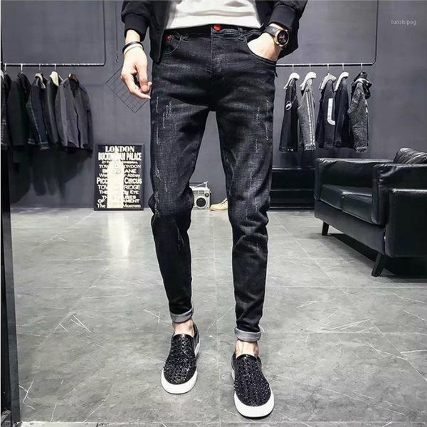 

2020 fashion teenagers thin elastic men's slim jeans youth casual black pants students korean small feet slim pencil pants1, Blue