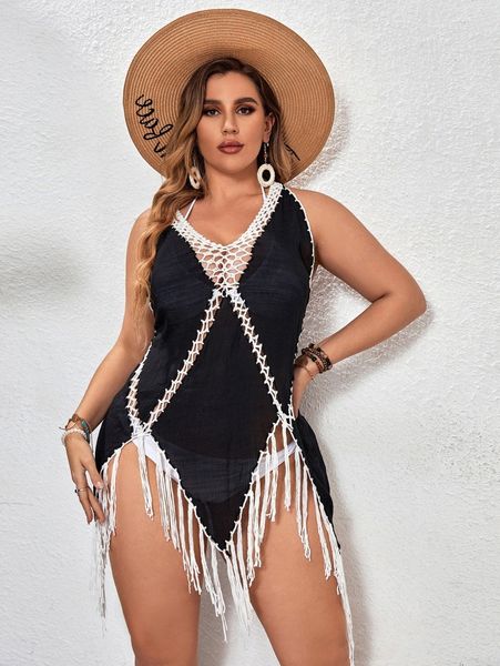 

plus cut-out fringe hem cover up 576n#, Black