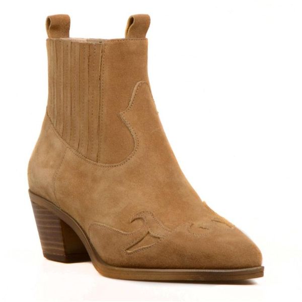 

boots footcourt- suede tan genuine leather tobacco coloured cowboy ankle chunky wedge pointed toe women stretch western, Black