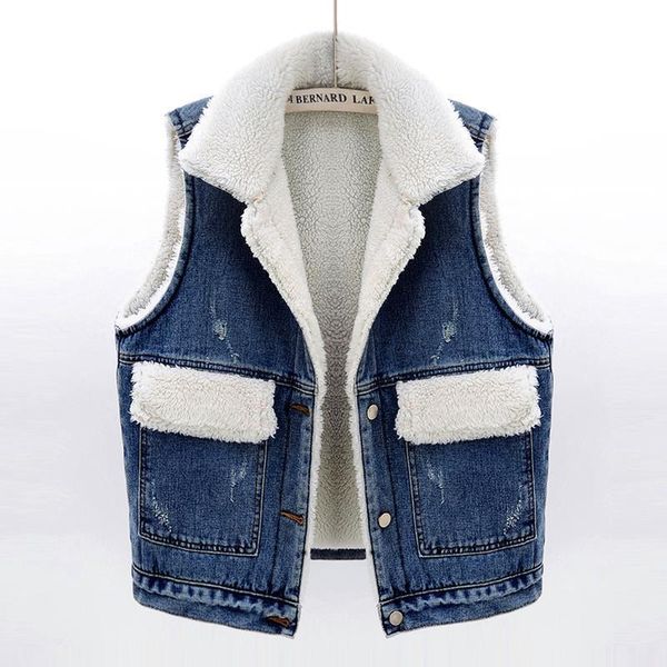 

new 2021 fall female big pocket sleeveless lamb hair denim jacket thick fashion vest loose ladies y176 40uf fvkr, Black;white