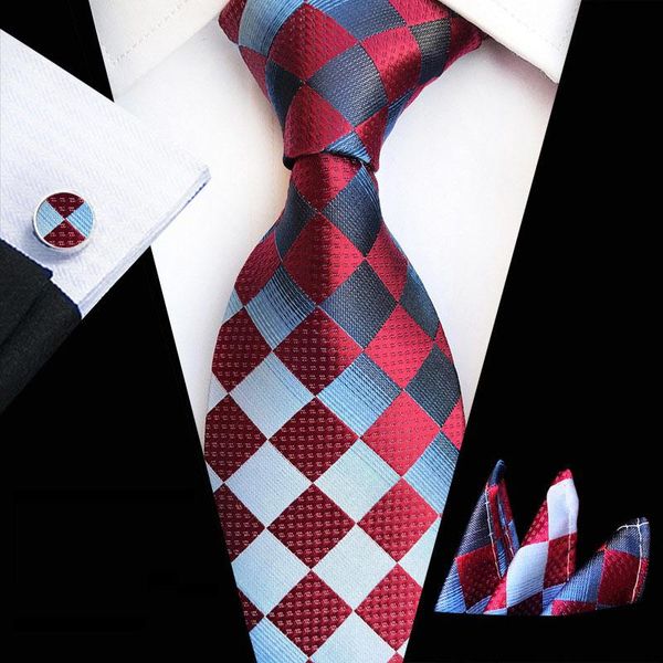 

bow ties 38 colors fashion 8cm silk tie set for men plaid floral necktie cufflik pocket square jacqiard suit mens bule handkerchief, Black;gray