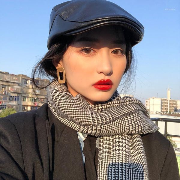 

online celebrity leather beret women's autumn/winter short-brimmed cap british forward hat retro fashion joker korean wave1, Blue;gray