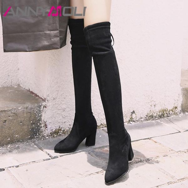 

annymoli pointed toe over the knee boots woman high heel long boots thick heel thigh high lace up female shoes black 34-431