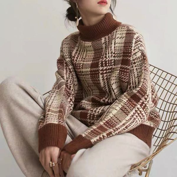 

2021 plaid shirt autumn and winter new retro-hong kong high-collar style lazy knitted women's jacket underneath sweater mkn5, White;black