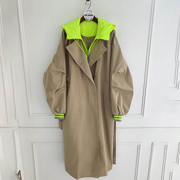 

[ewq]2020 spring autumn new hooded trench coat korean plus size khaki long coat female trenchcoat overcoat sell fall clothes lj201128, Tan;black