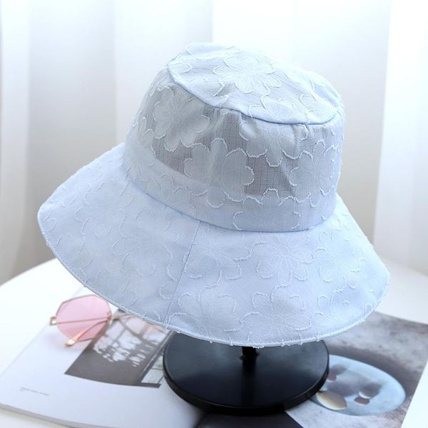 

wide brim hats hat women summer thin breathable lace fisherman korean-style all-match fashion flower sun protection bucket, Blue;gray