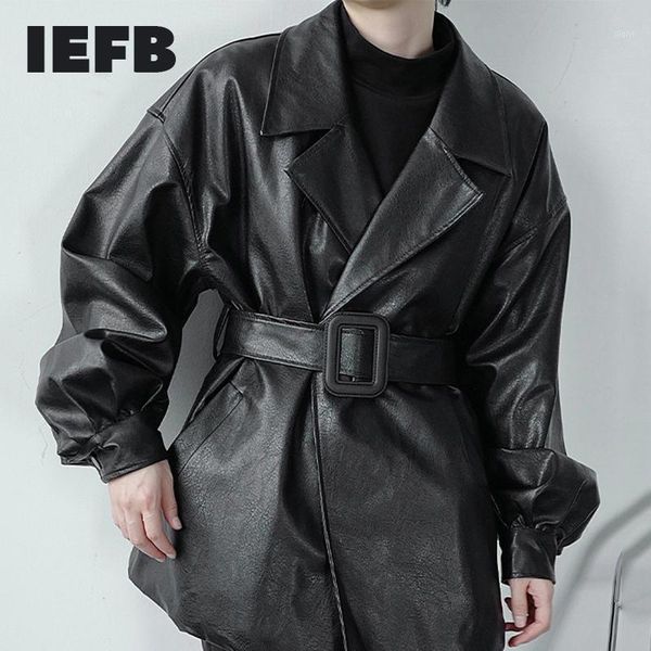 

iefb 2020 autumn winter new men's loose thickness pu leather jacket waist button decoration sashes black oversized coat 9y46341