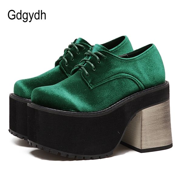 

gdgydh new fashion spring autumn high heels casual shoes woman black green round toe platform pumps for women lacing flock y200111