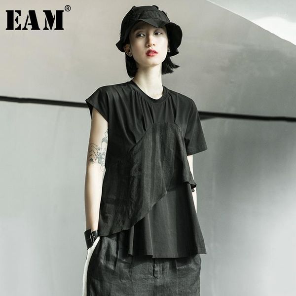 

eam] women white irregular split joint linen short t-shirt new round neck short sleeve fashion tide spring summer 2020 1x0021