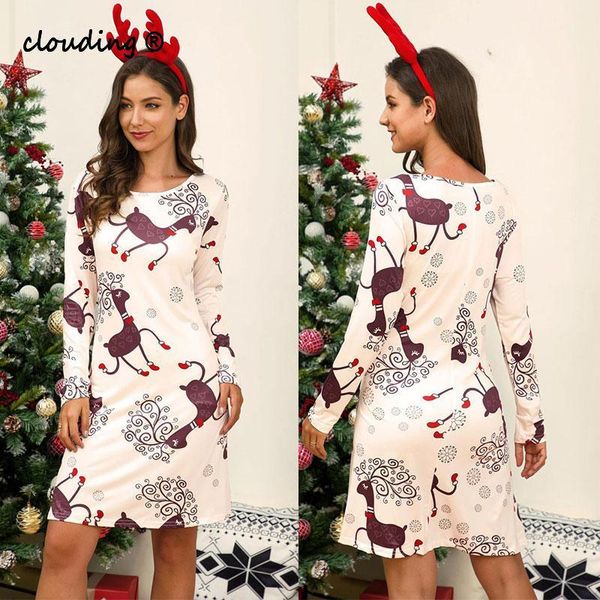 

casual dresses christmas printing vintage plus size fall 2021 women white dress winter o-neck long sleeve korean fashion clothing, Black;gray